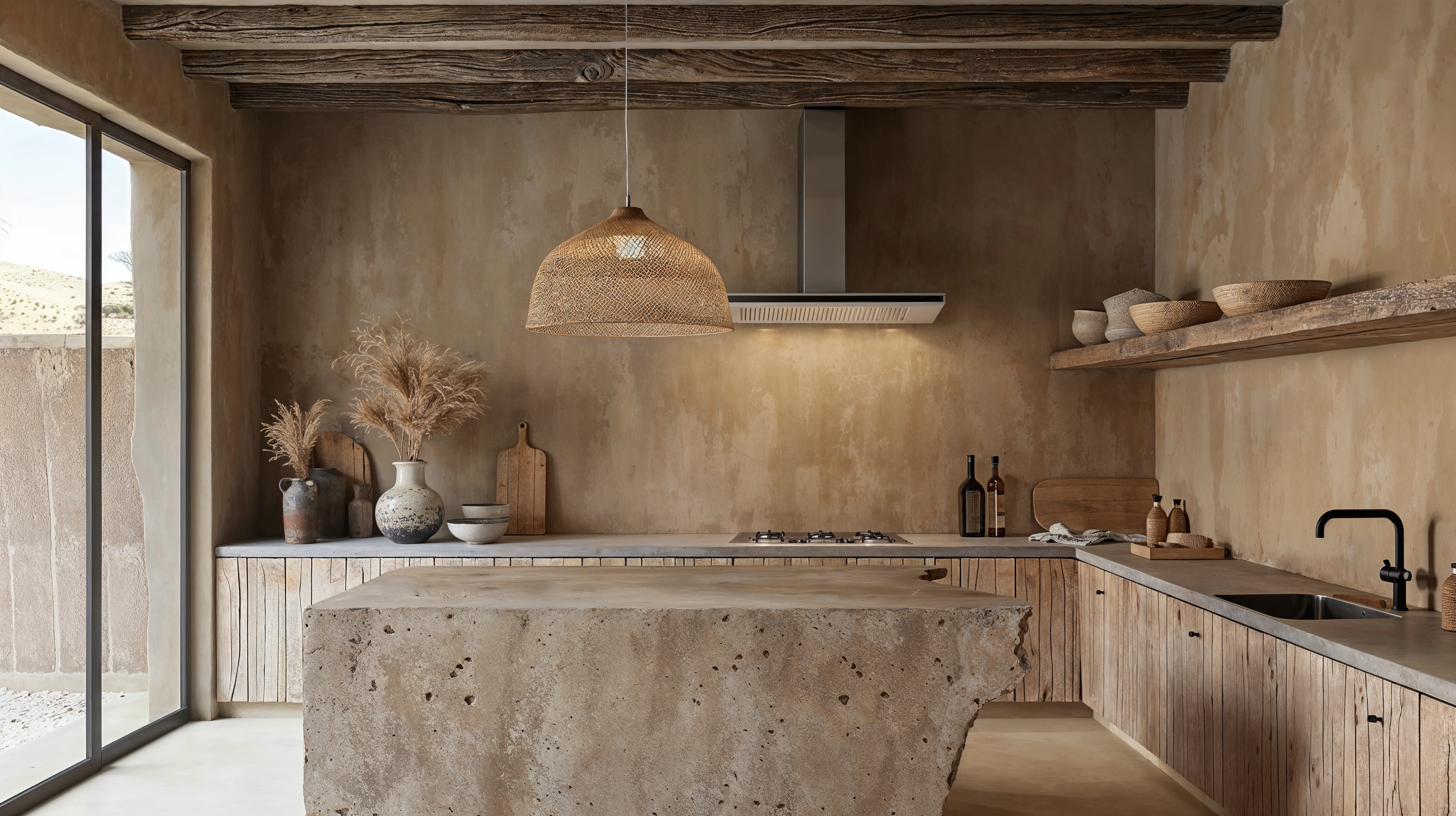 Wabi-sabi kitchen with stone island, wood cabinets and neutral color palette.