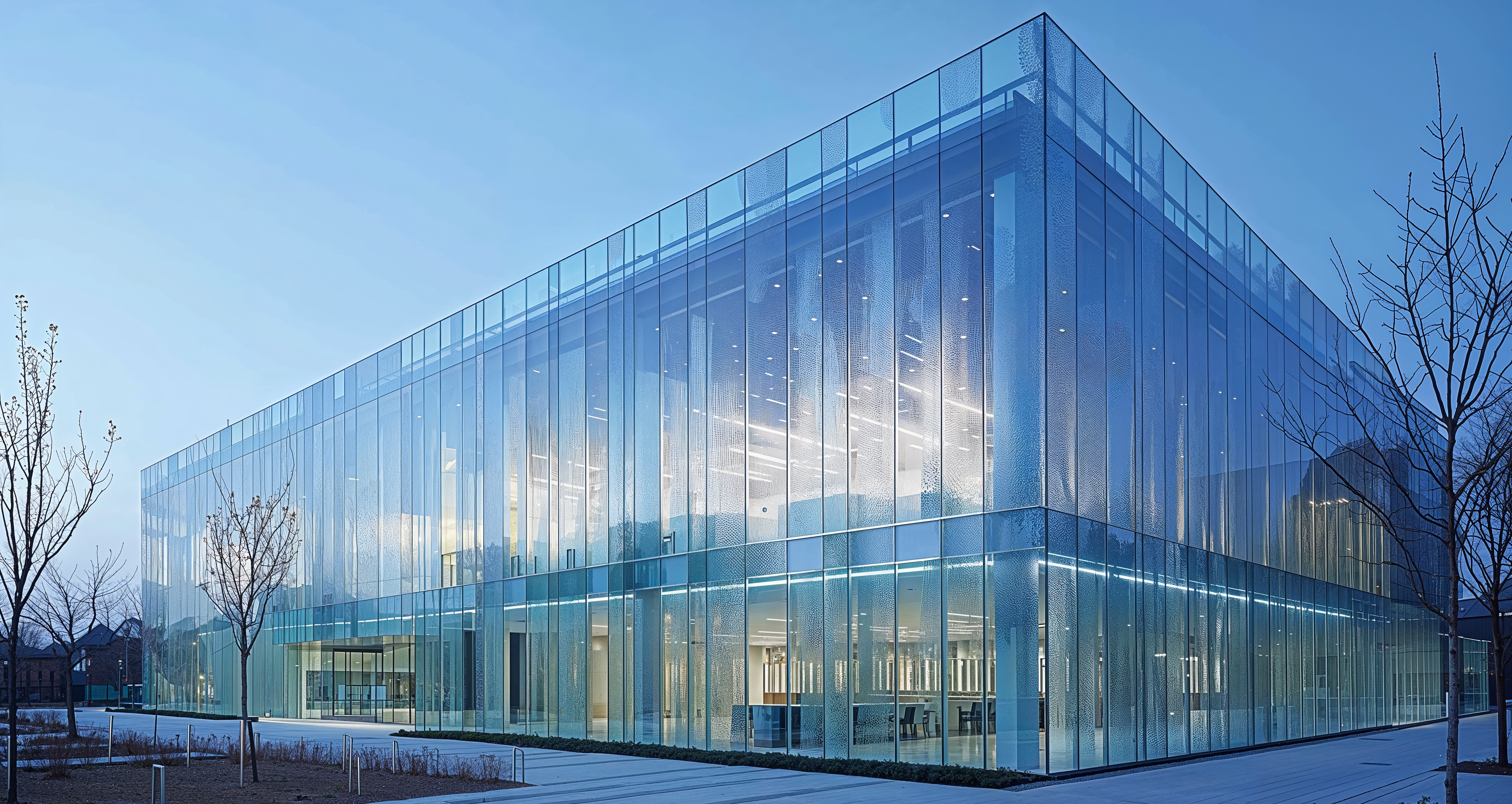 A structural glass facade on an entire commercial office building.