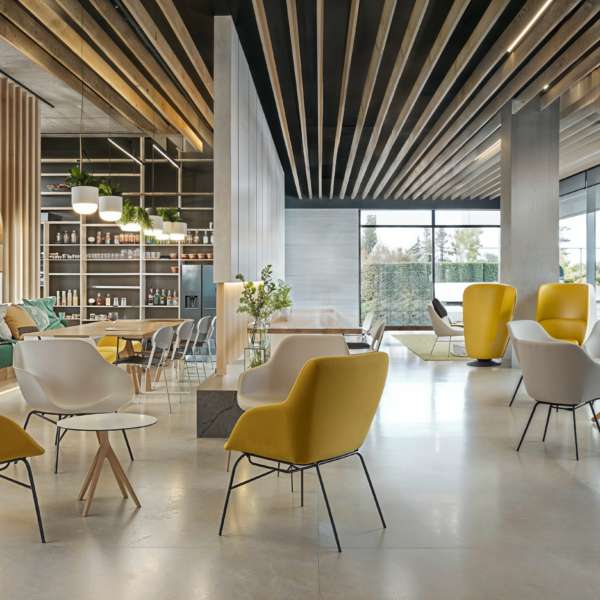 An evolution of break rooms showing a comfortable long bench running across the left side of the room. Different areas of seating from long wood tables for eating and meeting spaces and small lounge sections with comfortable seating for gathering and relaxing.