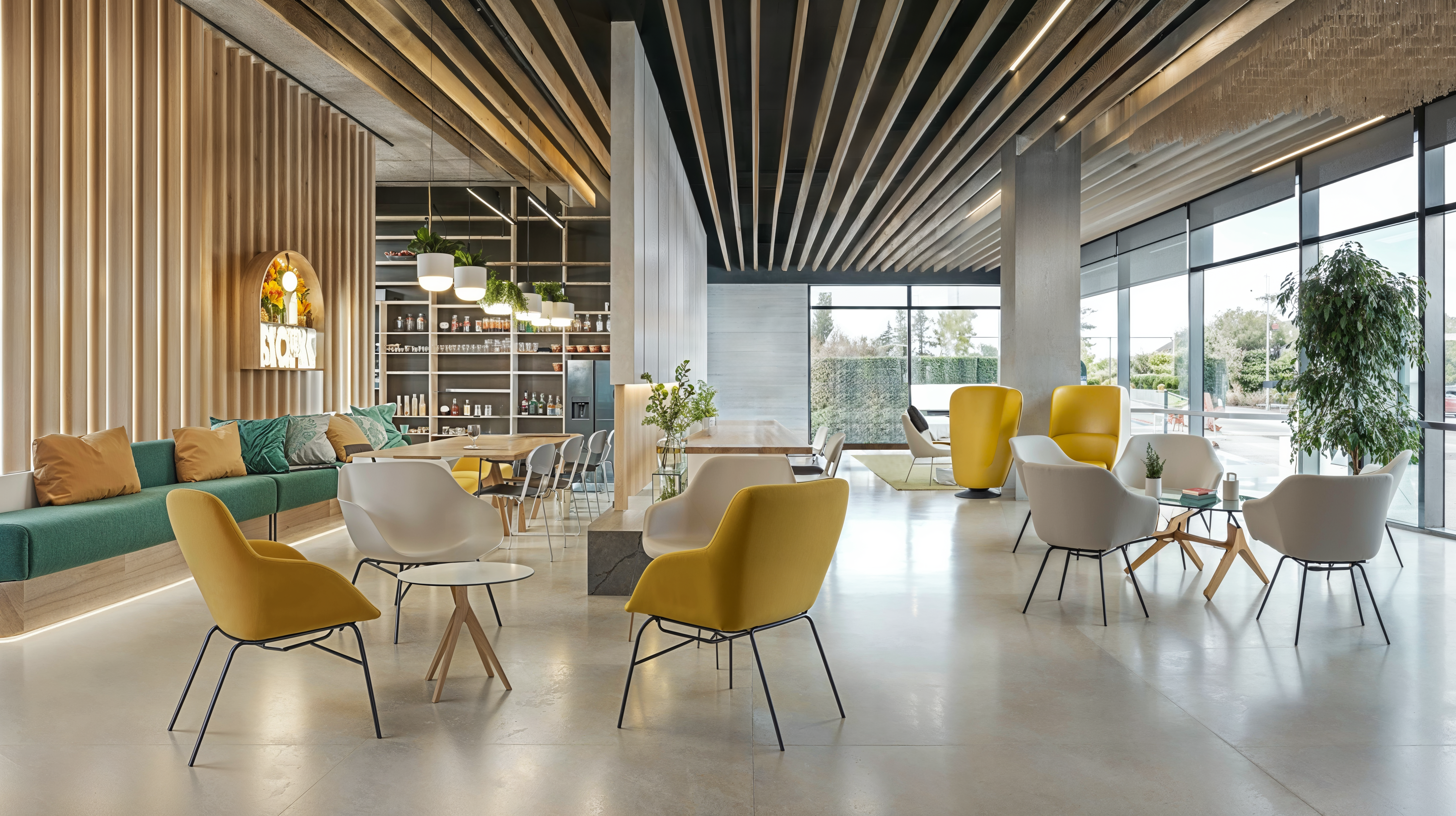 An evolution of break rooms showing a comfortable long bench running across the left side of the room. Different areas of seating from long wood tables for eating and meeting spaces and small lounge sections with comfortable seating for gathering and relaxing.