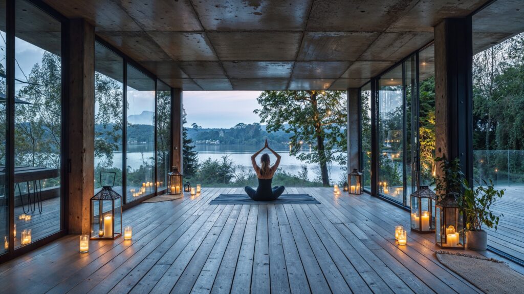 Woman doing yoga in a meditation room with glass walls and wood plank floors creating a semi-covered indoor outdoor space overlooking a lake at dusk. 