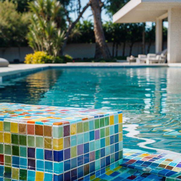 A pool with multi-colored unique pool tiles with patio furniture spread out around the pool and a variety of trees in the background.