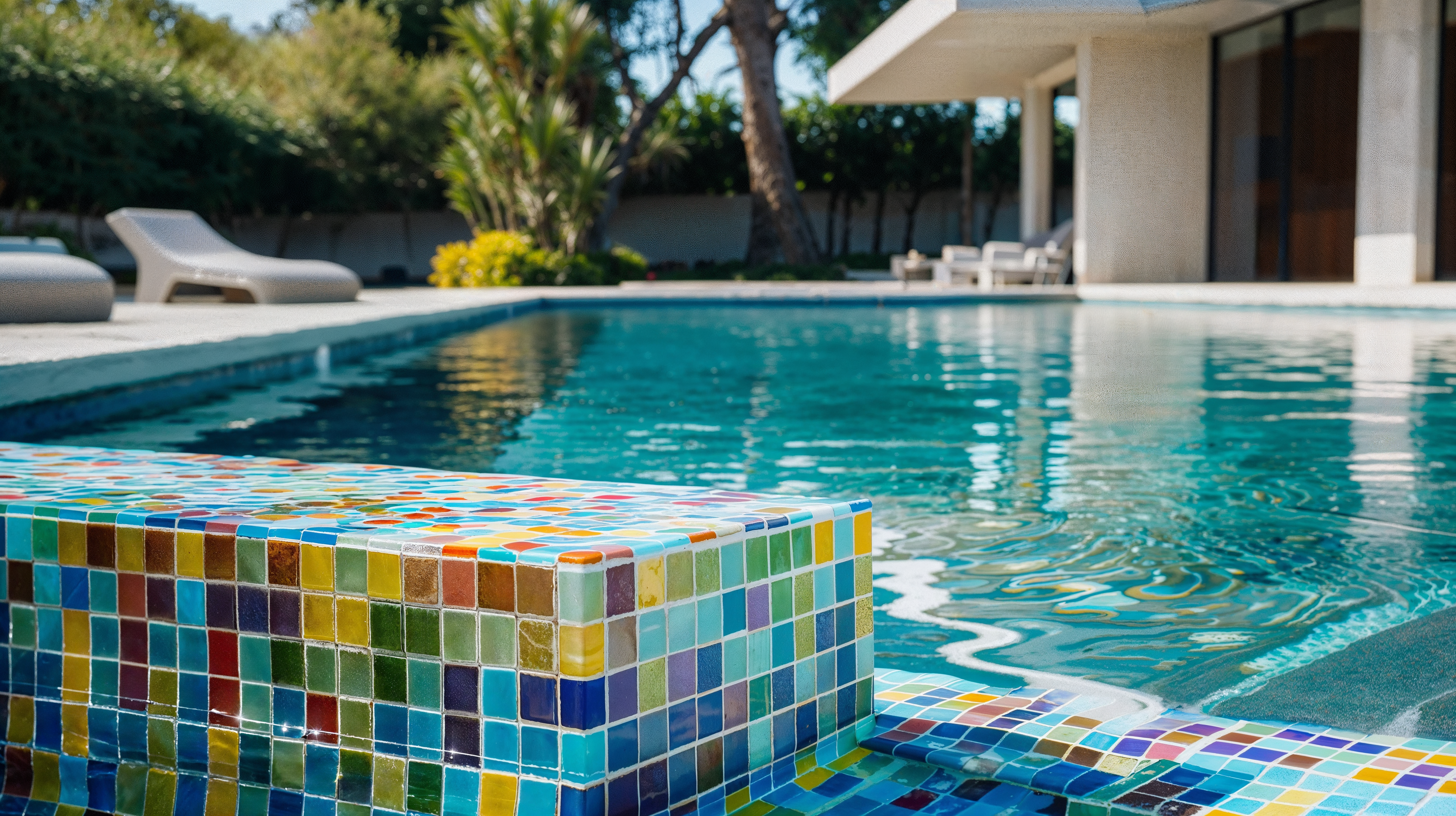 A pool with multi-colored unique pool tiles with patio furniture spread out around the pool and a variety of trees in the background.