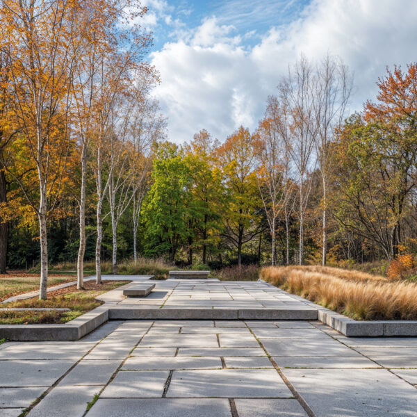 An image highlighting landscape architecture with a walkway made of pavers surrounded by grass and trees.