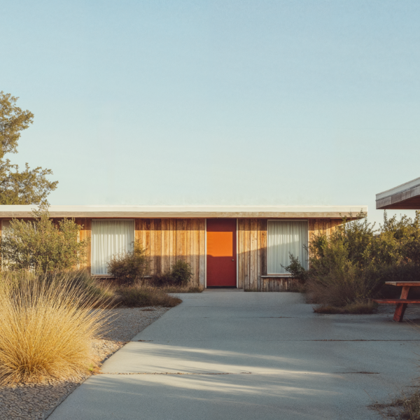 A boutique motel with orange doors, cement walkways, and wood paneling.