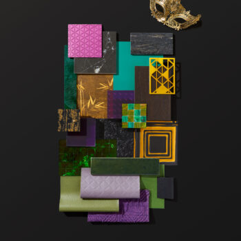 The King's Masquerade featuring bold purples, rich greens, gold, black, textiles, ceramics, leathers, and metals.