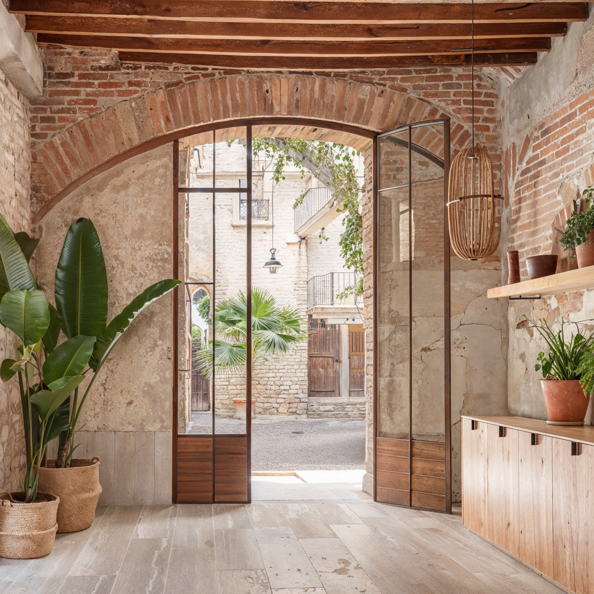 Mediterranean style foyer with brick archway over the door way. Neutral color palette, wood floor and terracotta pottery with greenery.