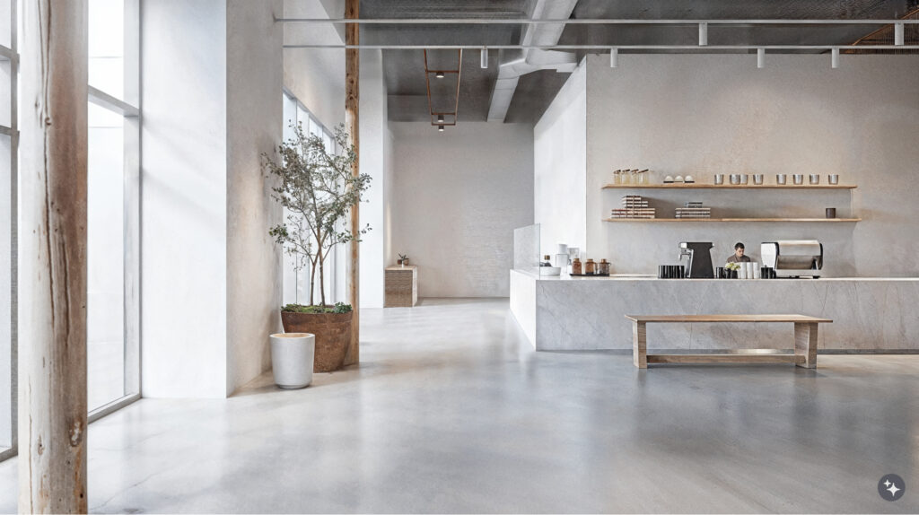 Minimal Japanese Zen designed coffee shop interior, with white walls, light wood accents, and a concrete floor. Large windows on the left side of the wall, a coffee counter in front of the window, and a small plant near the entrance door. The decor is minimalist, with natural lighting.