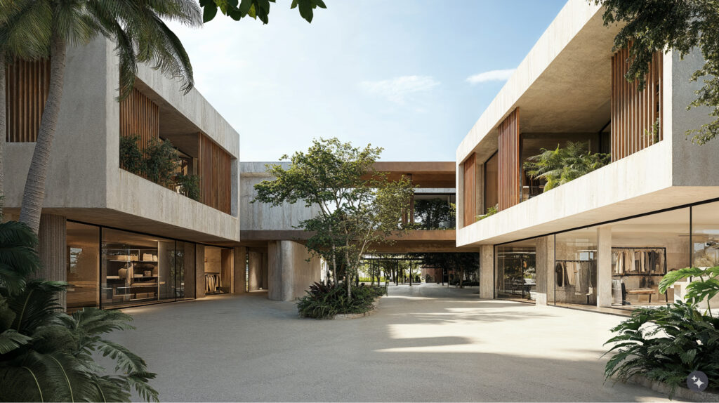 Balinese design mixed-use developement with retail space on the bottom floor and residential spaces on the second floor. The exterior of the buildings highlighting concrete construction, wood facading, large glass windows for the retail space and plenty of plant life spread throughout. 