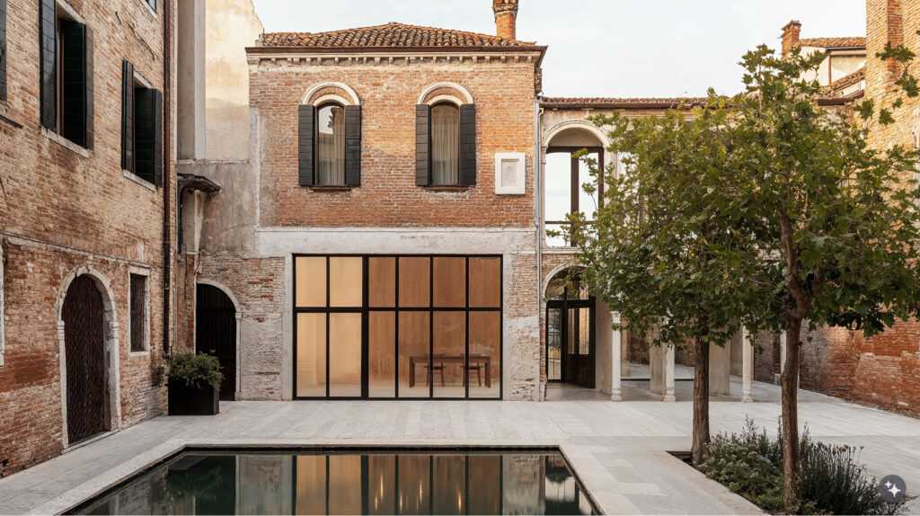 Venetian design mixed-used building. The exterior is made of bricks with large open windows on the first floor and arched windows on the second floor for residential spaces. There is a courtyard with a water feature. 