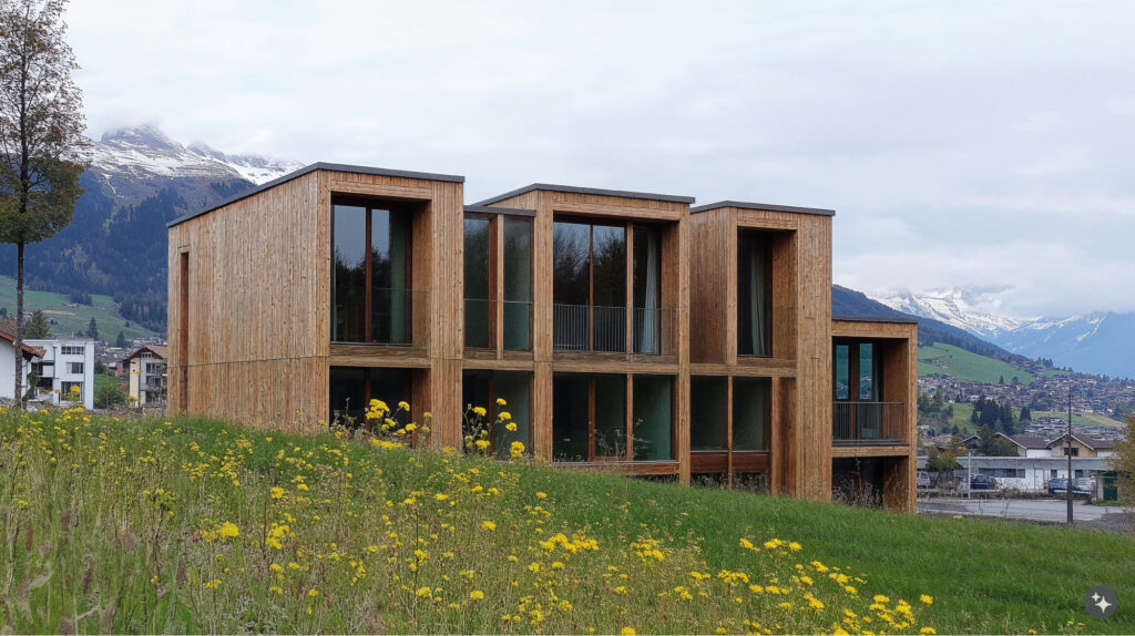 Swiss Alpine design of a mixed-use building. The exterior is wood panel  and large glass windows on a building that is residential on top and commercial on the bottom. 