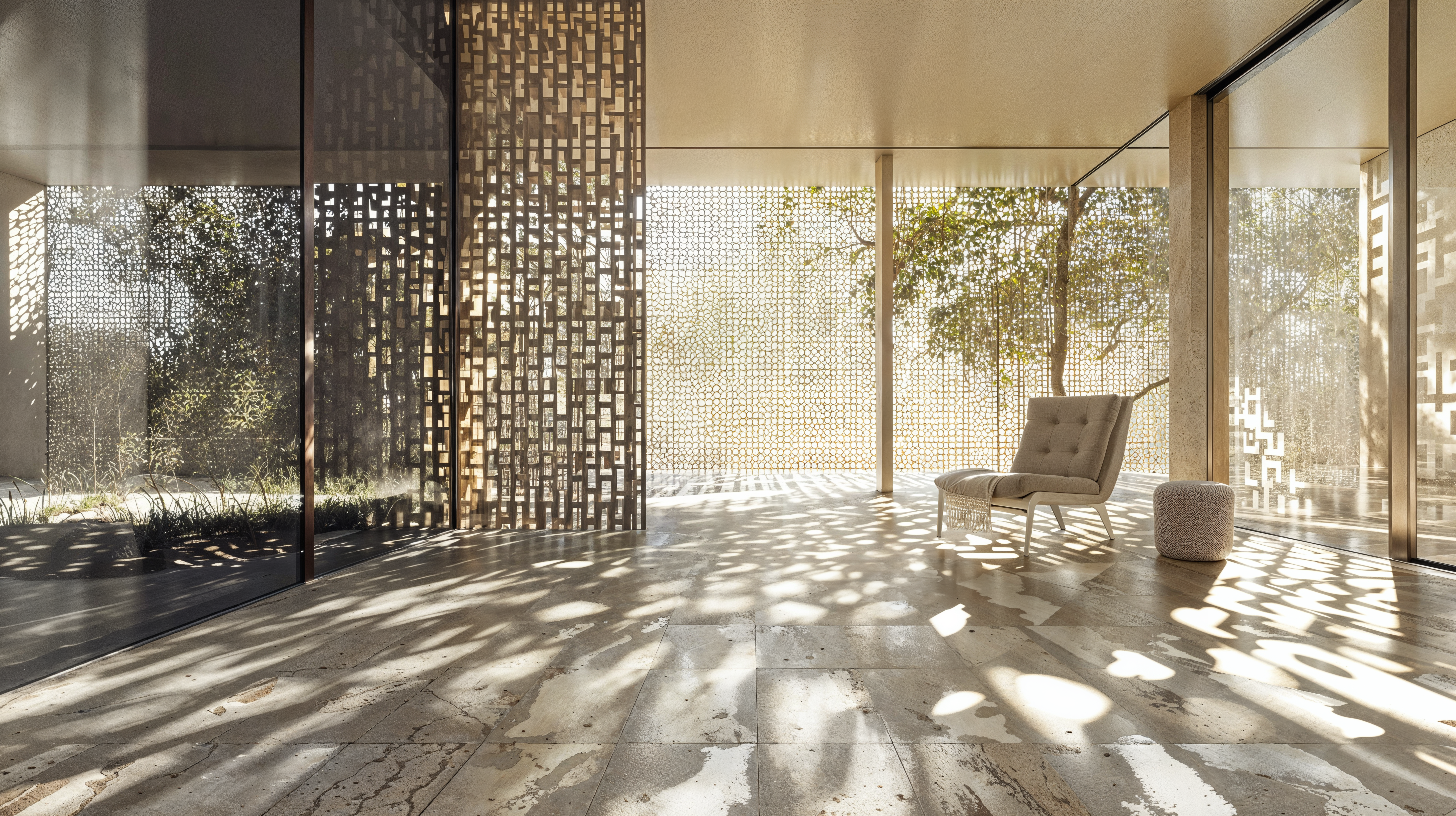 Image of a minimalist interior with an open floor. The room is bathed in natural light with dividers creating light and shadow. A single chair sits in the room.