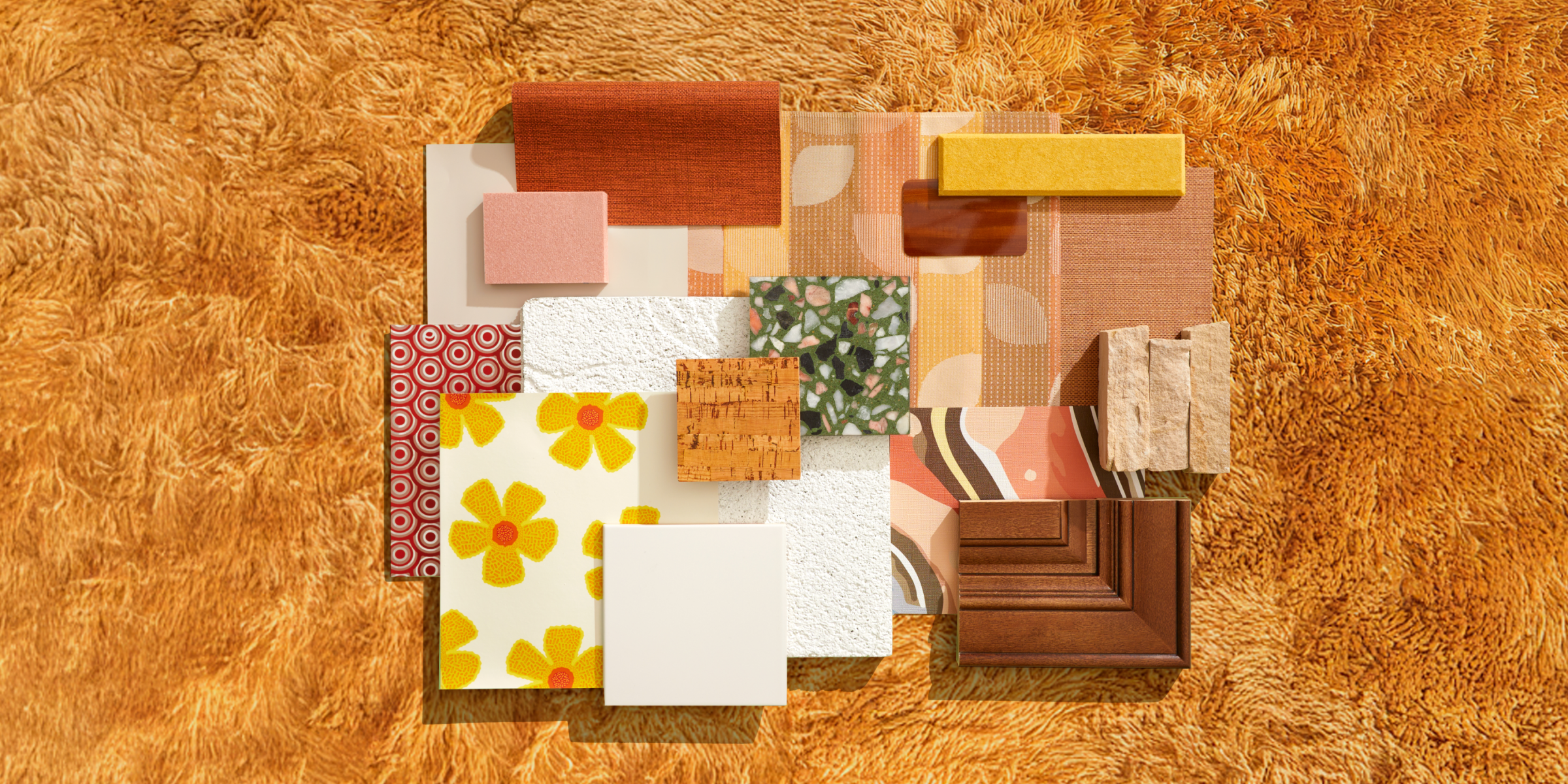 1970s inspired design featuring floral patterns and textiles, chevron stripes, yellow and orange textures, and neutral browns.