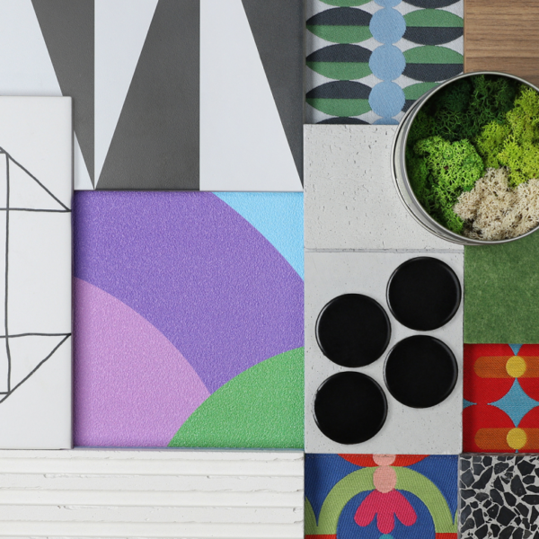 Close up flat lay of a variety of sample materials that were put together in a curated collection inspired by NeoCon 2024 and Yinka Ilori's Collaboration with Momentum Textiles and Wallcovering .