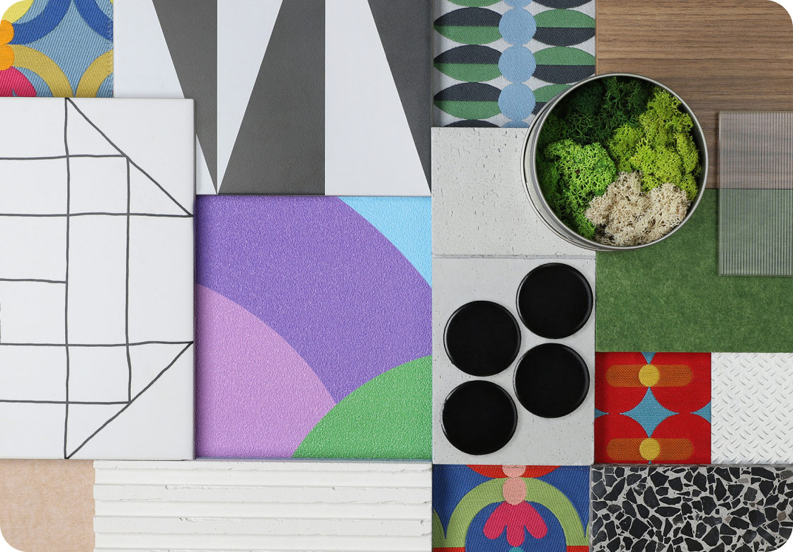 Close up flat lay of a variety of sample materials that were put together in a curated collection inspired by NeoCon 2024 and Yinka Ilori's Collaboration with Momentum Textiles and Wallcovering .