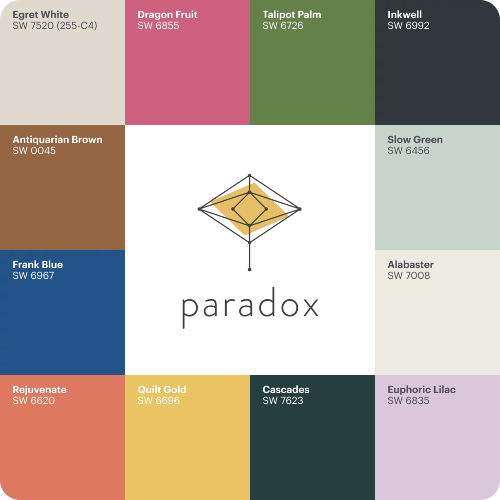 An image showcasing all the colored paint options included in the Sherwin-Williams Colormix® 2025: Capsule Paradox.