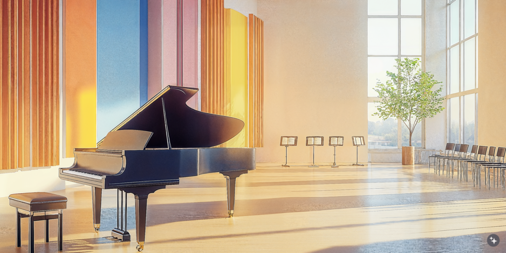 A postmodern music hall with wooden floors, acoustical paneled ceilings, and large windows.