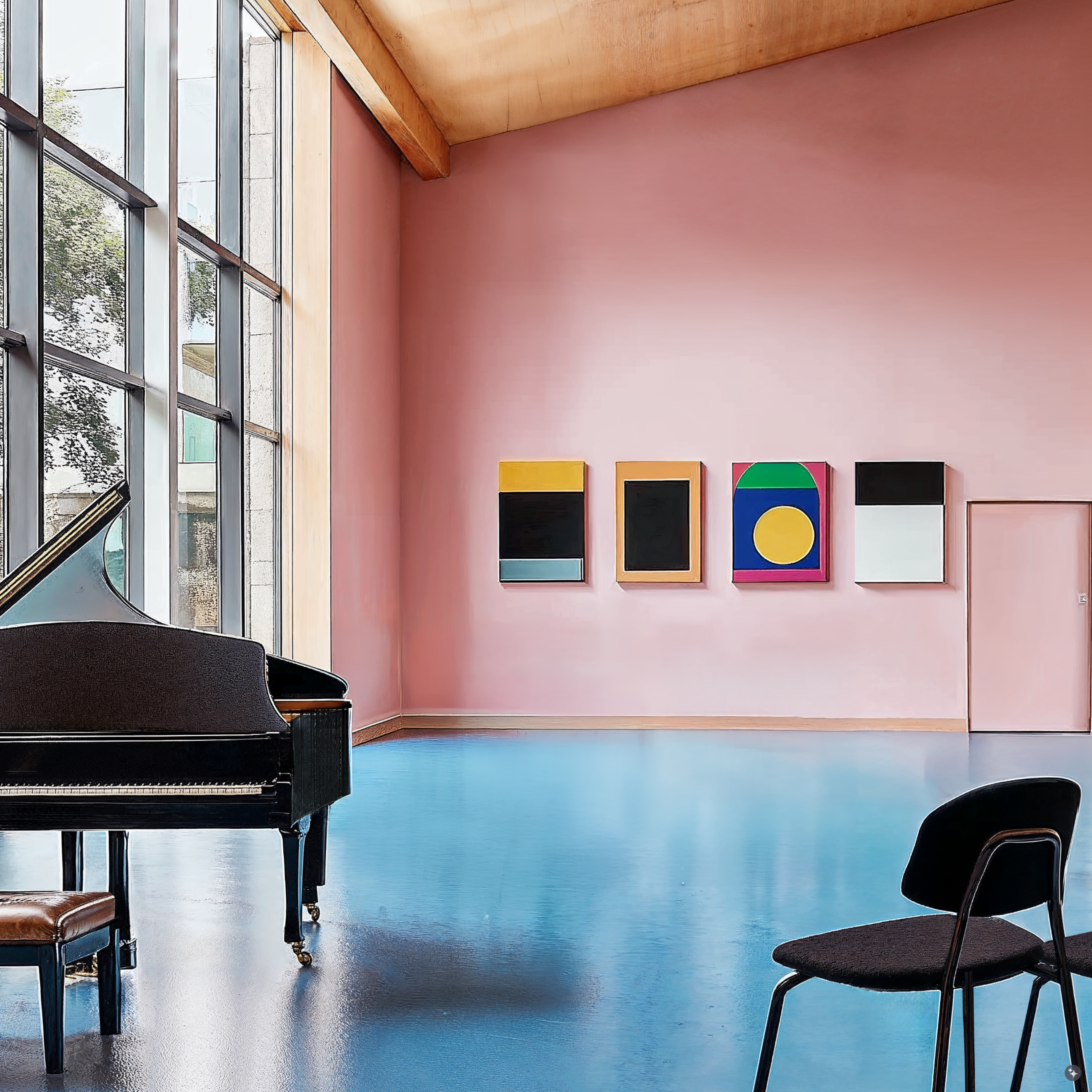 A postmodern music hall with blue flooring, large windows, and pop-art decor.