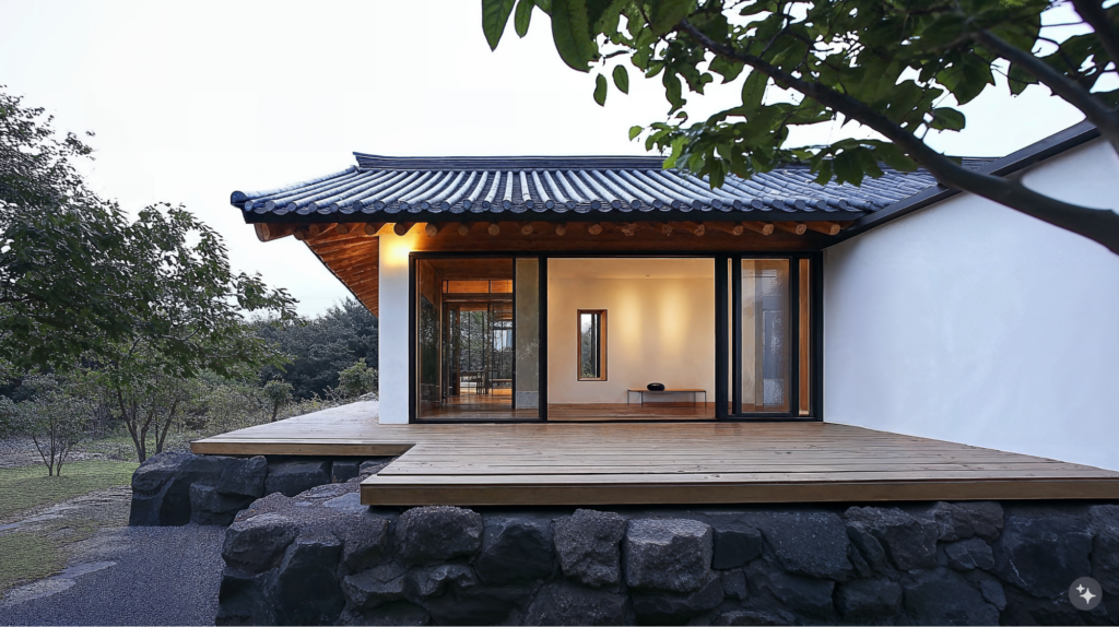 A Korean Hanok designed home with a wooden patio, tiled roof, and large sliding glass doors.