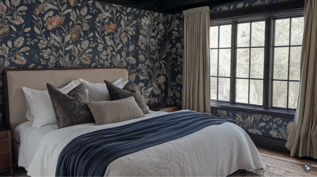 A British arts and crafts designed residential bedroom with botanical wallpaper, wooden ceilings, and broadloom carpets.