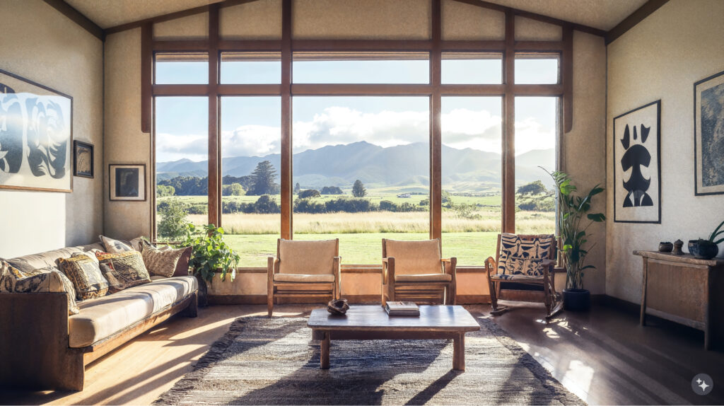 A Maori inspired residential space with wooden floors, leather upholstered furniture, and large windows.