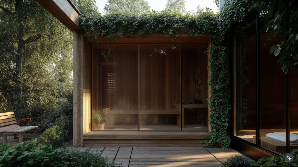 A Finnish sauna design inspired residential space with teak flooring, wooden wall paneling, and green landscaping.