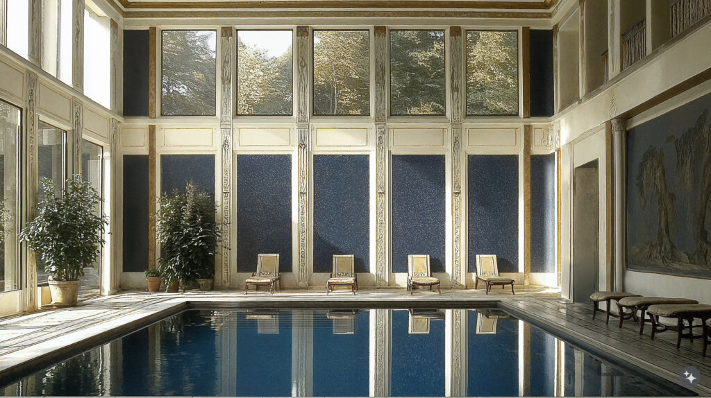 An Egyptian revival residential pool with blue tile, marble walls, and plush furniture.