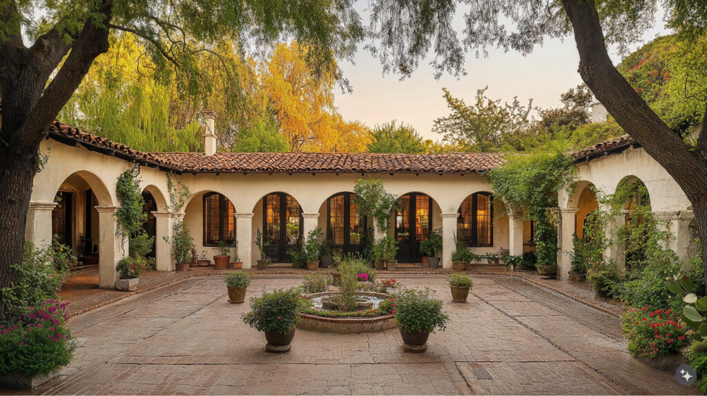 A Mexican hacienda with brick flooring, tiled roofs, and adobe walls.