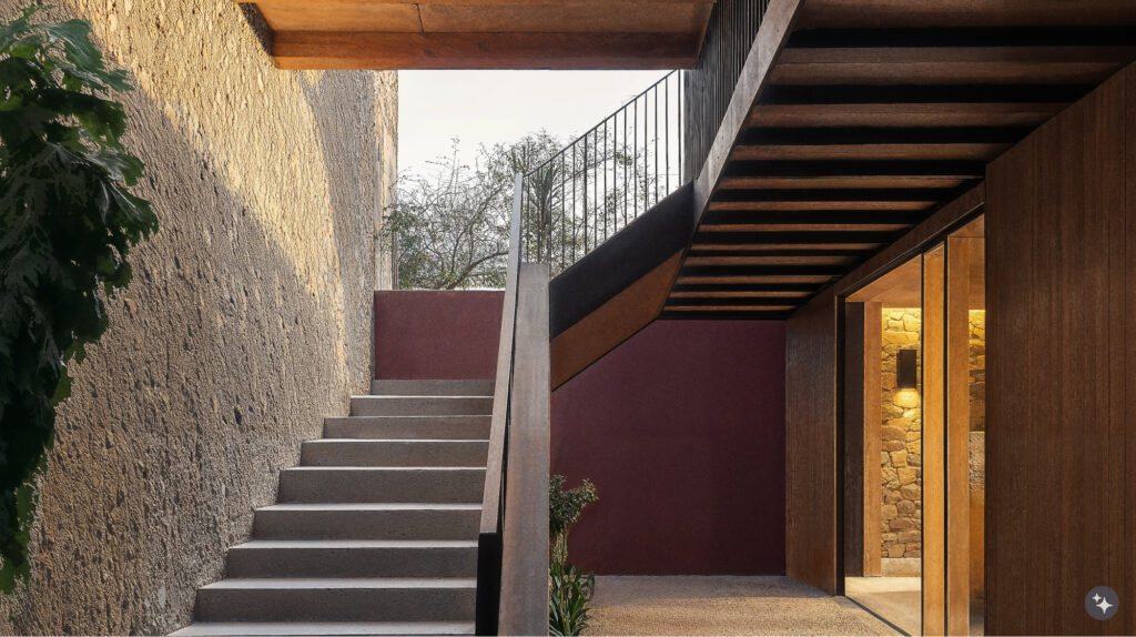 Peruvian Andean Design inspired residential home with exterior textured walls, wood and stone detailing in a earthy neutral palette.