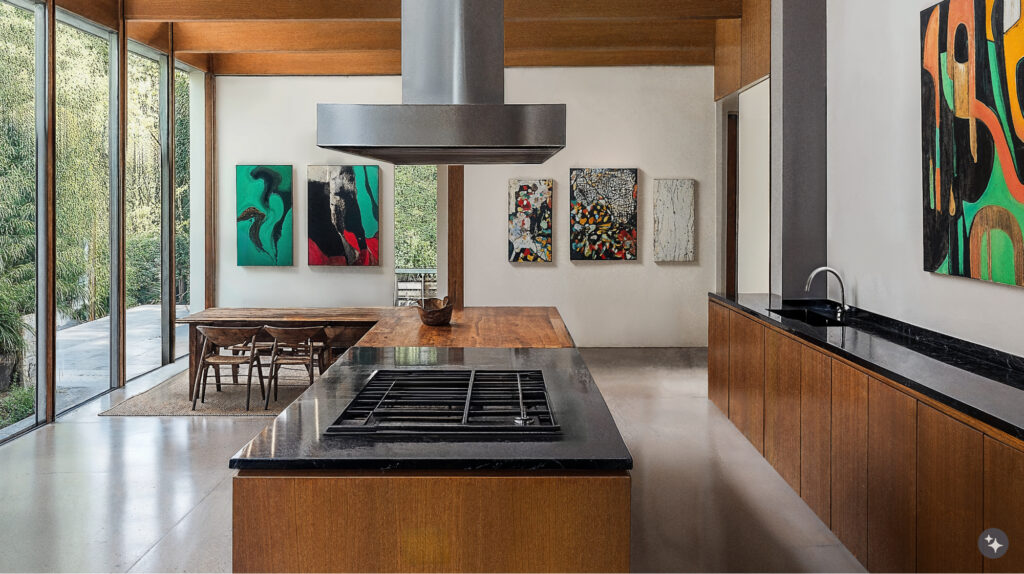 A Brazilian Modernist Designed residential with wood cabinets and wood and stone countertops, stone flooring and large floor to ceiling windows.