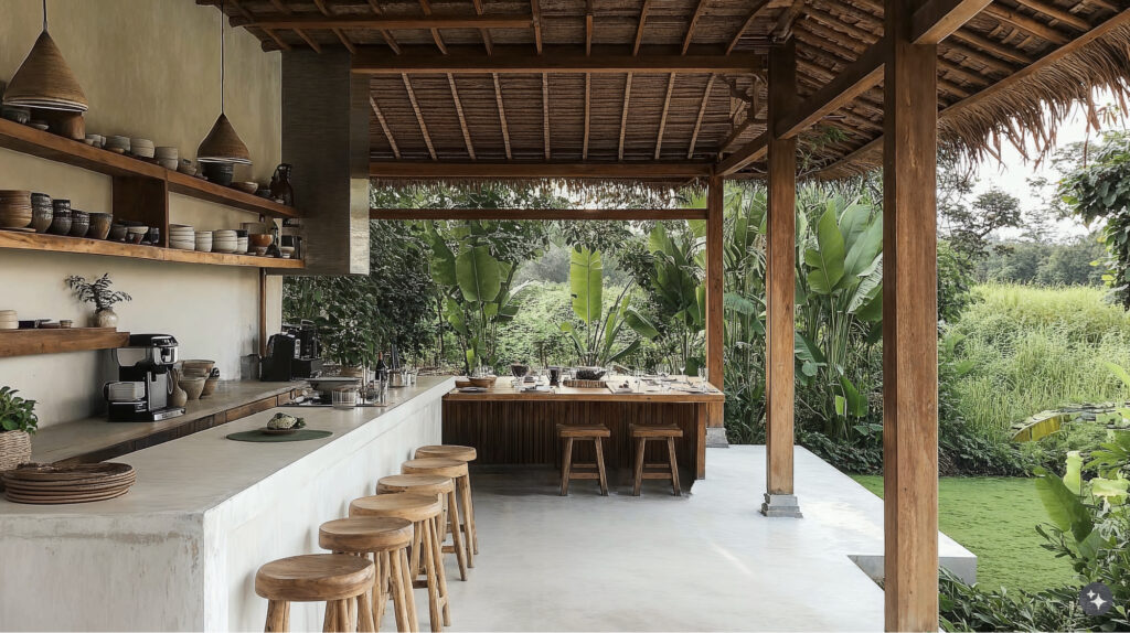 Balinese design out door kitchen. A thatched roof sits over a concrete slab patioi with a stone bar top, wooden bar stools, shelves are mounted along the walls for storage of plates and bowls. The whole space is surrounded by lush greenery. 