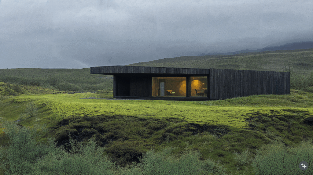 An Icelandic minimalist designed residential space with dark wood paneling, spacious windows, and wooden furniture.