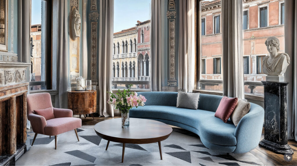 Venetian design residential living room with a curved blue couch with pink chair and a dark wood circular coffee table. The room is surrounded in large windows allowing for sweeping views of the neighboring buildings along the canal. 