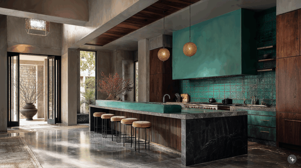 An Ottoman Turkish residential space with concrete walls, stone flooring, and wooden shelving.