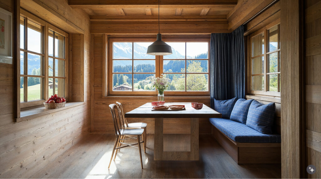 Swiss Alpine design Breakfast nook with wood walls, floors and ceiling panels. A wood dining room table with chairs on one side and built in banquette on the other side adding pops of muted blue. Windows on all sides of the room offering panoramic views of nature.