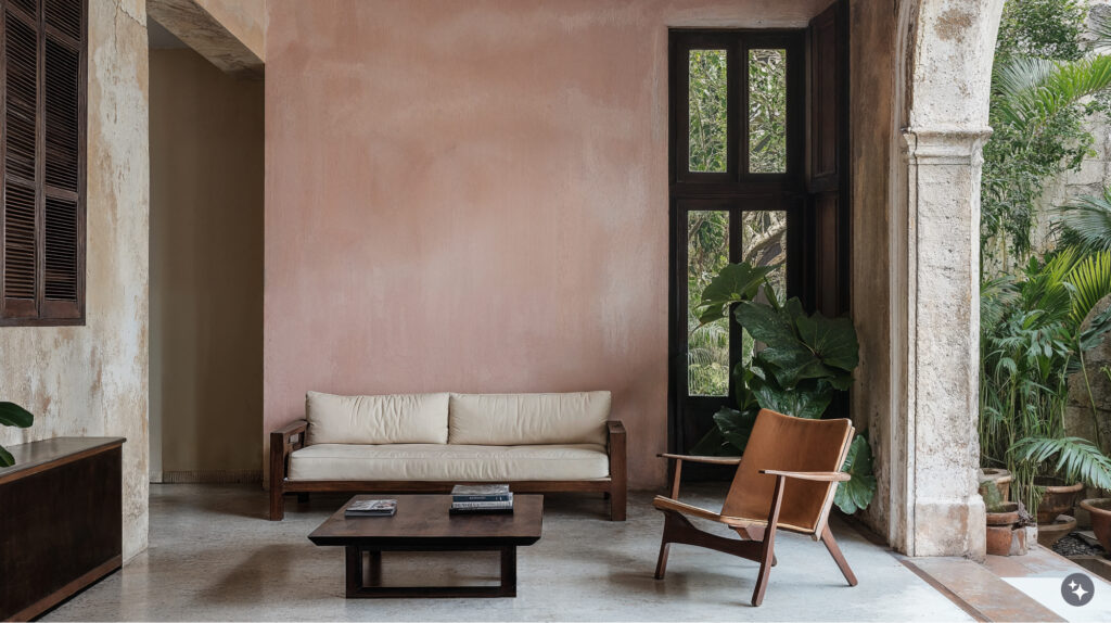 Cuban Design living room with stone archways, soft pastel pink wall, and relaxed and comfortable furniture. 