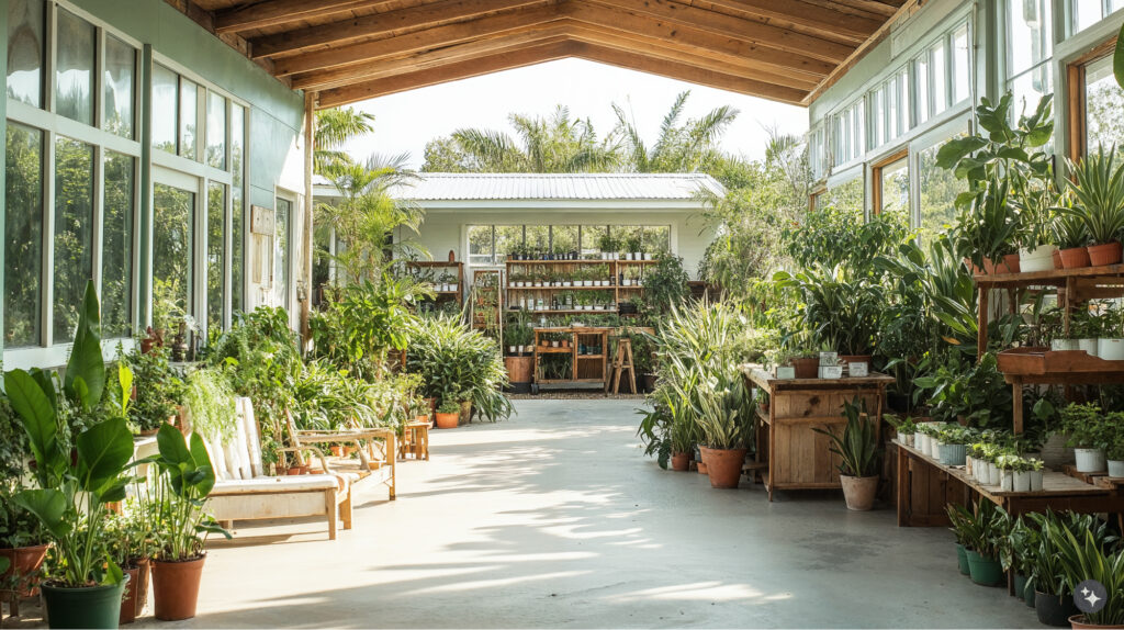 Key West design garden center with wooden beam roofing, large side wall windows filled with various plants on a variety of display stands and along the floors. 