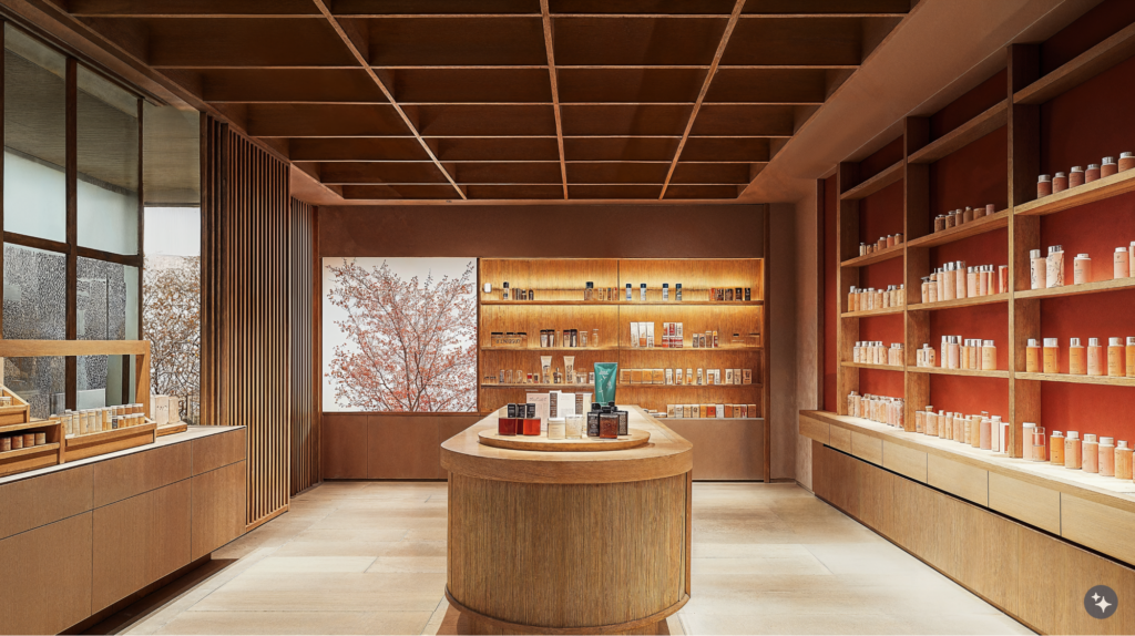 A Korean Hanok designed retail space with soft backlighting, wooden shelving, and natural stone flooring.