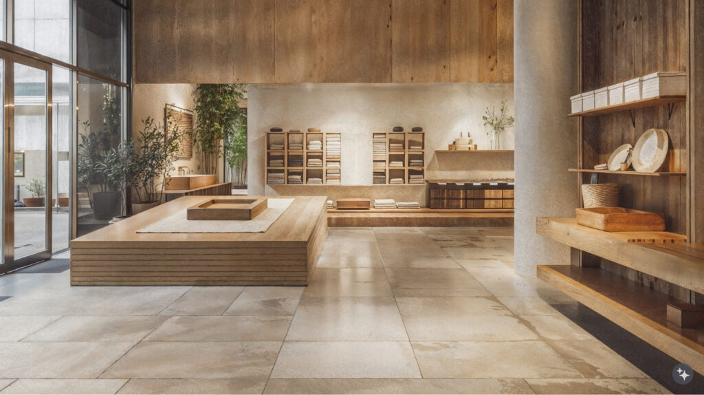 A minimalist Japanese Zen designed store with light-colored wooden shelves and display stands, featuring natural wood elements and beige tiles on the floor. The interior is decorated in an open layout design, showcasing a large central island, complemented by concrete walls. This space includes a variety of green plants as decorative accents. 