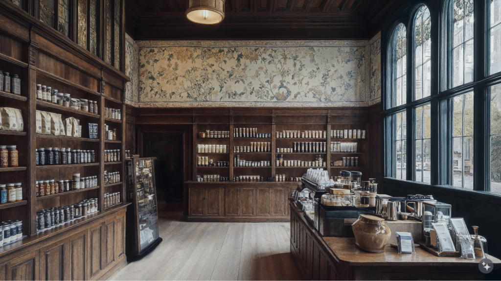 A British arts and crafts designed store with wooden shelving, coffered ceilings, and decadent windows.