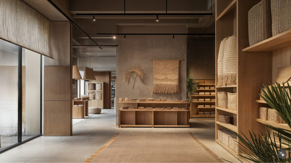 A Maori inspired retail space with concrete walls, wooden shelving, and warm area rugs.