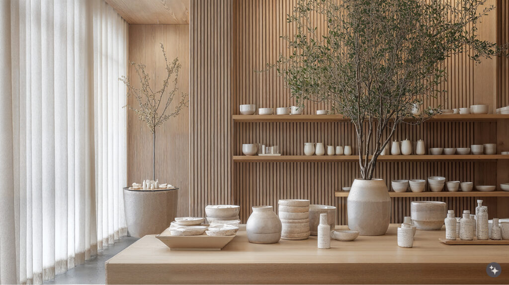 A Finnish sauna design inspired retail space with wooden shelving, wooden surfaces, and wooden wall paneling.