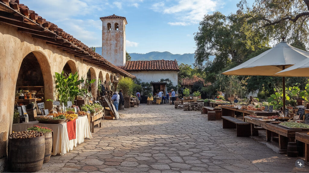 A Mexican hacienda design retail space with stone walkways, adobe walls, and natural lighting.