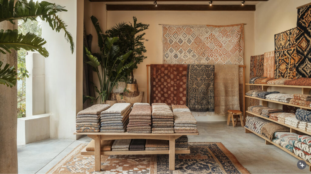 Balinese design wellness room within an office. Large arched designed window lets in lots of natural light and gives open views to the natural foliage outside. The room has comfortable seating in neutral tones. 