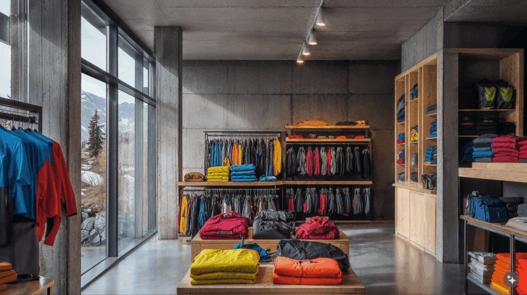 An Icelandic minimalist designed retail space with concrete walls, smooth stone flooring, and wooden shelving.