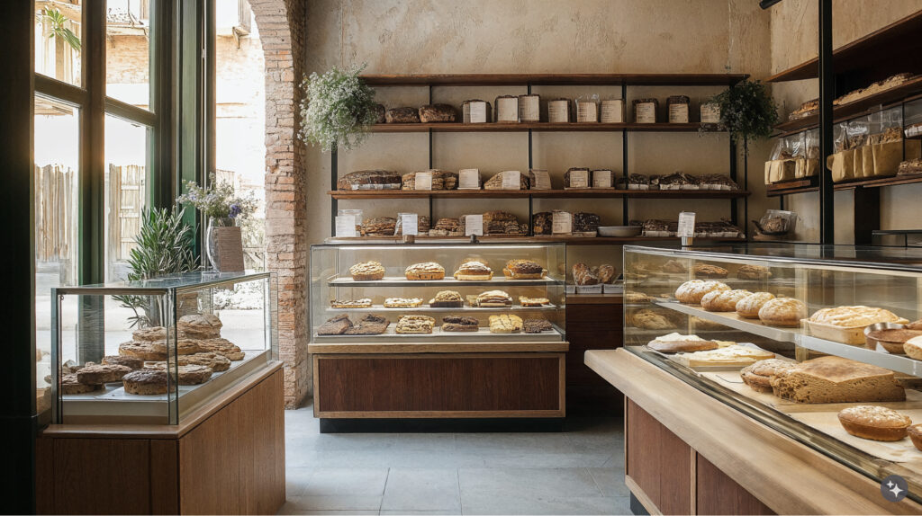 Venetian design bakery with large glass display cases filled with bread and pastries, tile floor , plaster walls, brick archway with large windows and door flooding the bakery with natural light. 