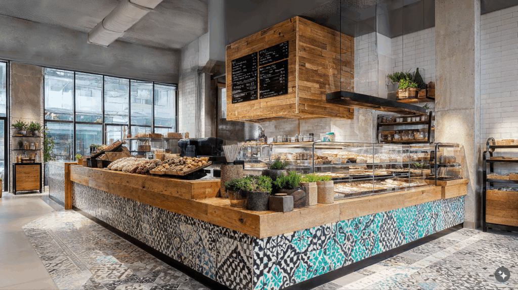 An Ottoman Turkish retail space with natural wood countertops, decadent tile flooring, and concrete ceilings.