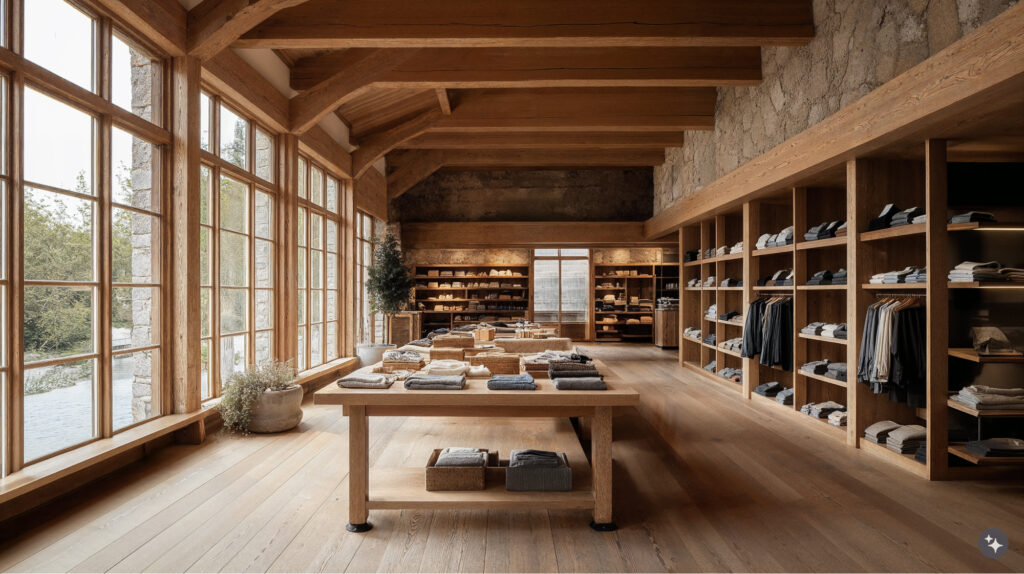 Swiss Alpine design clothing story with wood floors, wood walls, ceiling beams and wood display shelves and tables. The wood is broken up by stone detailing running along the walls and large floor to ceiling windows letting in plenty of natural light.