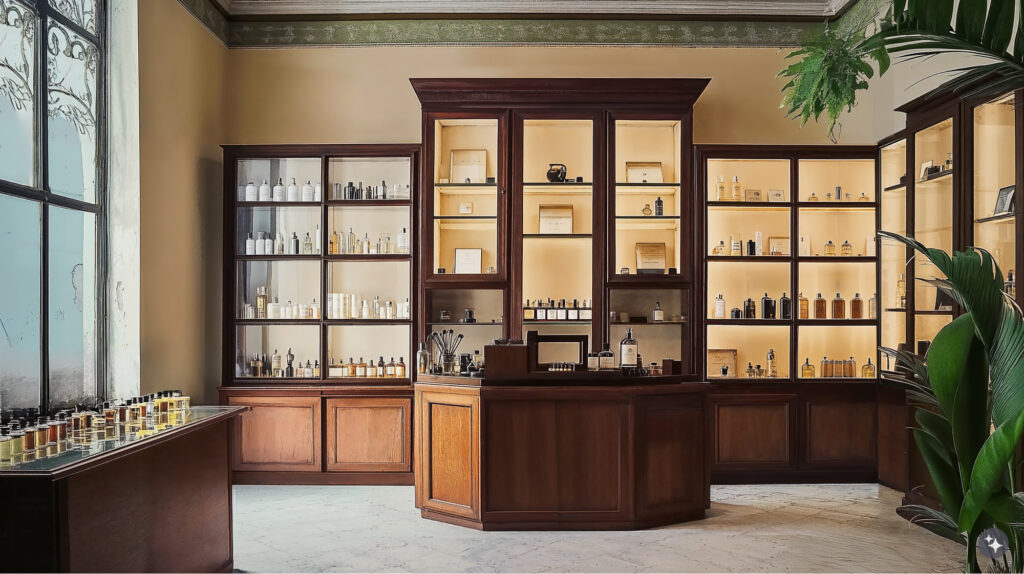 Cuban Design perfumery with large wood display cases housing glass bottles filled with perfume and a wooden check out counter. 