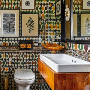 A warm geometrics bathroom with patterned wallpaper in warm yellows, dark greens, and deep reds on the walls. A wooden vanity with a white sink is on the right side of the room with a white toilet sitting in the middle of the back wall. Art hangs on the wall in picture frames showing nature scenes. A window on the left side of the room lets in natural light.